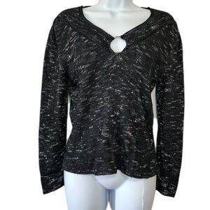Ball of Cotton Women’s Marled Black Keyhole O-Ring Long Sleeve Sweater- Small